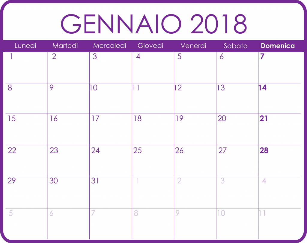 Calendario gennaio 2018