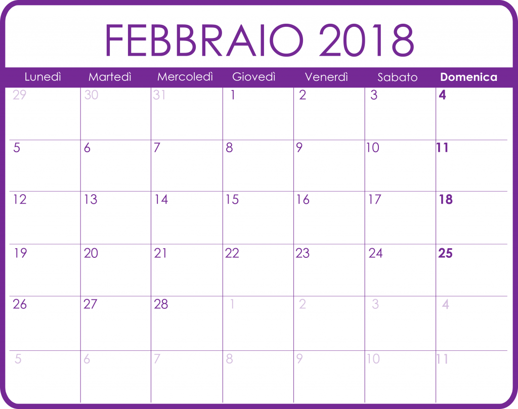 Calendario febbraio 2018